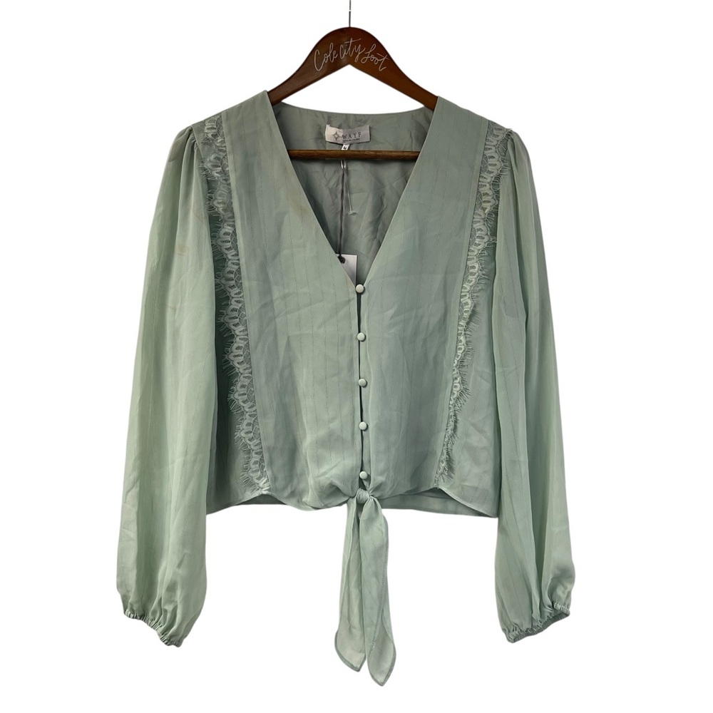 WAYF green crop blouse top shirt long sleeve silky medium